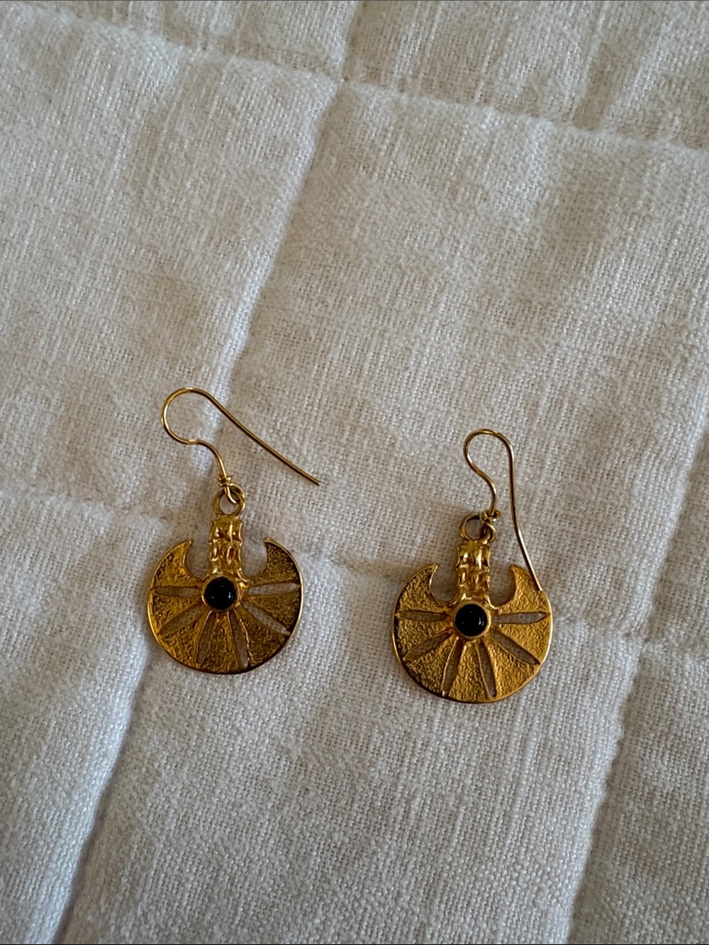 Gold Tone Black Stone Etruscan Drop Earrings - Women Jewelry